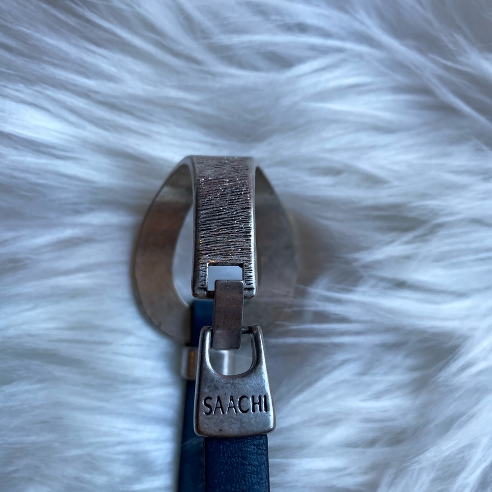 SAACHI Leather Wrap Cuff Bracelet Navy Blue Silver - Picture 8 of 8